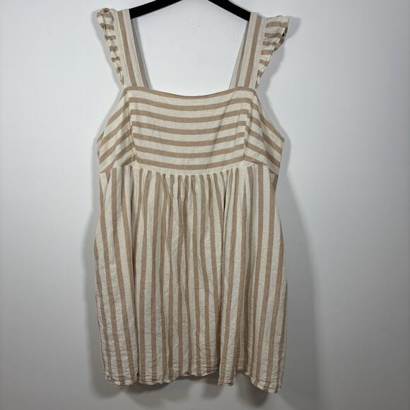 Draper James Smocked Striped Tan White Linen 3X Mini Dress Peasant Milk Maid - Picture 8 of 9
